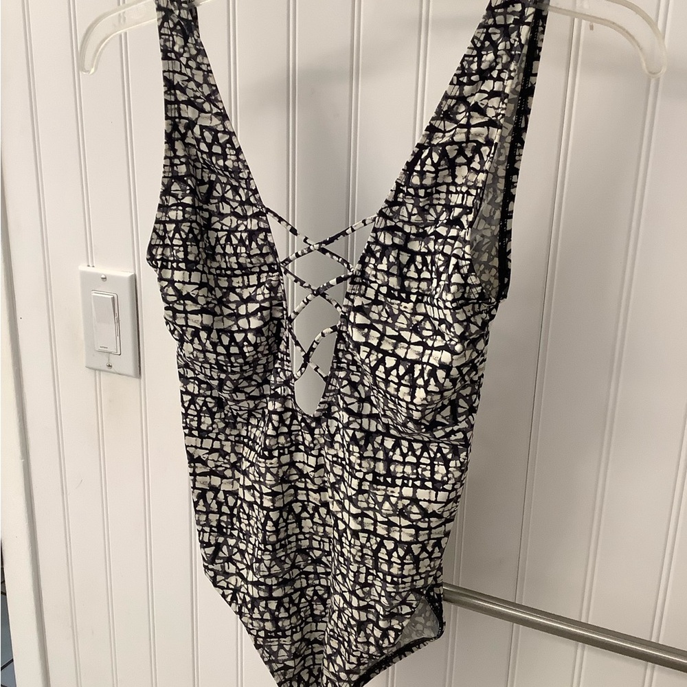 Tory Burch Navy Blue & white One -Piece plunging swimsuit with crosswork